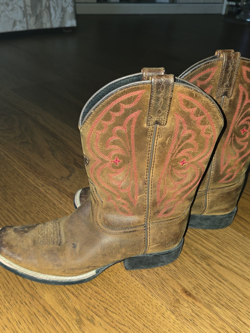 Ariat Kids Quick Draw Brown Cowboy Boots with Red Stitching Size 4